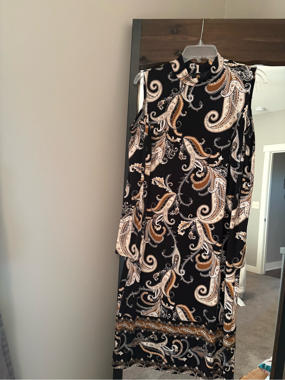 JM Collection Black Paisley Cold-Shoulder Dress with Tan and Cream Accents